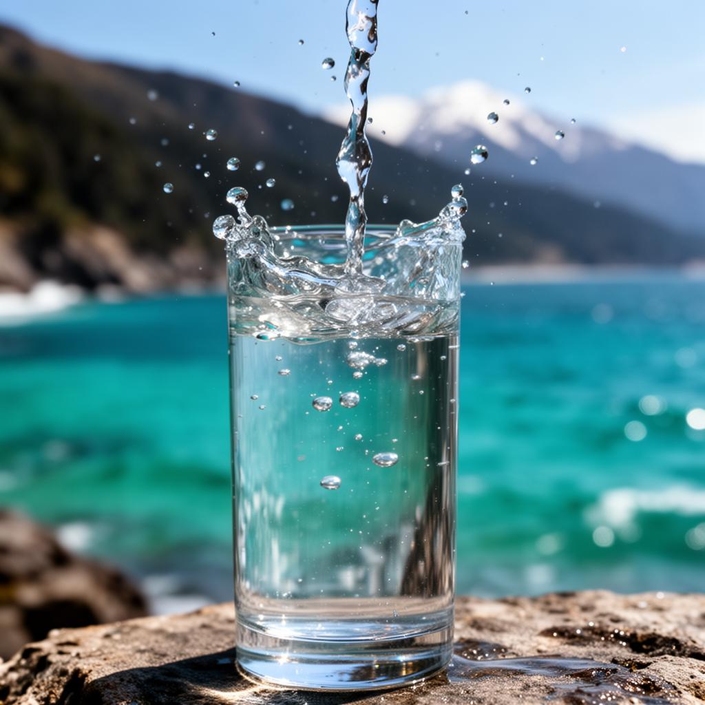Vaso llenándose con agua de mar frente al Pacífico